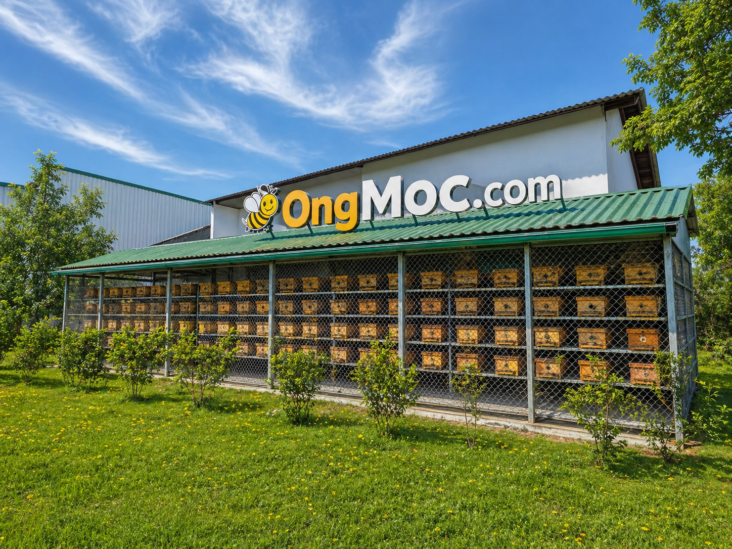 Trại Ong Dú OngMoc.com tại Tà Đùng — biển hiệu trại nuôi ong dú giữa rừng cao nguyên Lâm Đồng