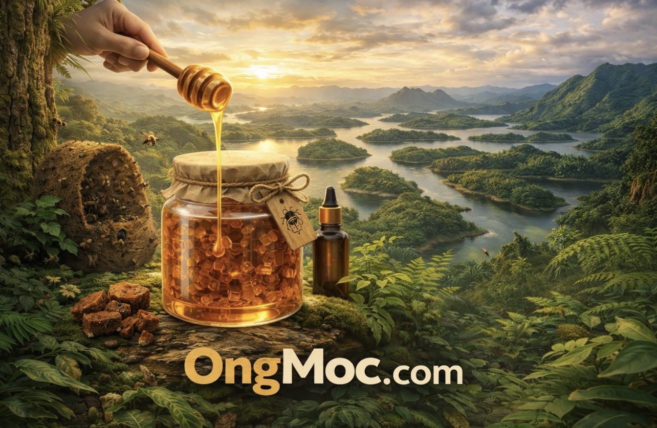 Hũ mật ong dú OngMoc giữa khung cảnh Hồ Tà Đùng — vùng nuôi ong dú Lâm Đồng