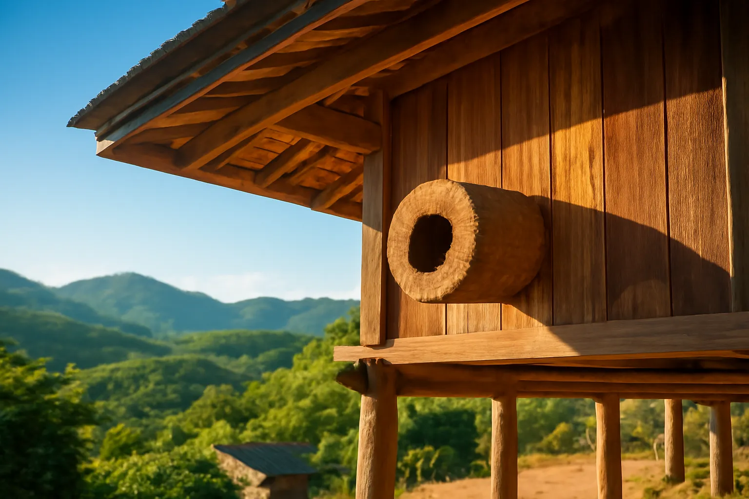 Khúc gỗ tròn nuôi ong dú treo dưới hiên nhà sàn, đồi cà phê phía xa
