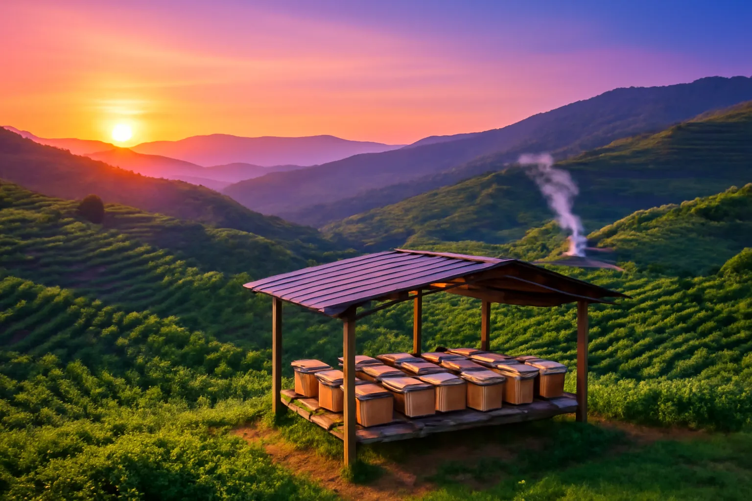 Hoàng hôn tím trên đồi cà phê, dãy thùng gỗ nuôi ong dú dưới mái che