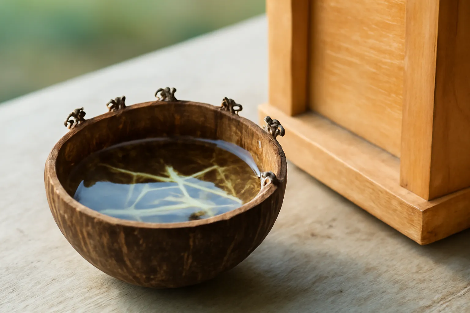 Gáo dừa nhỏ đựng nước có cọng rơm đặt cạnh cửa thùng gỗ, ong dú đậu mép