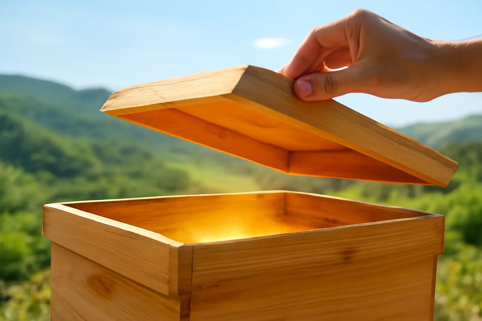 Bàn tay hé nắp thùng gỗ ong dú dưới nắng sáng trong vắt trên đồi xanh