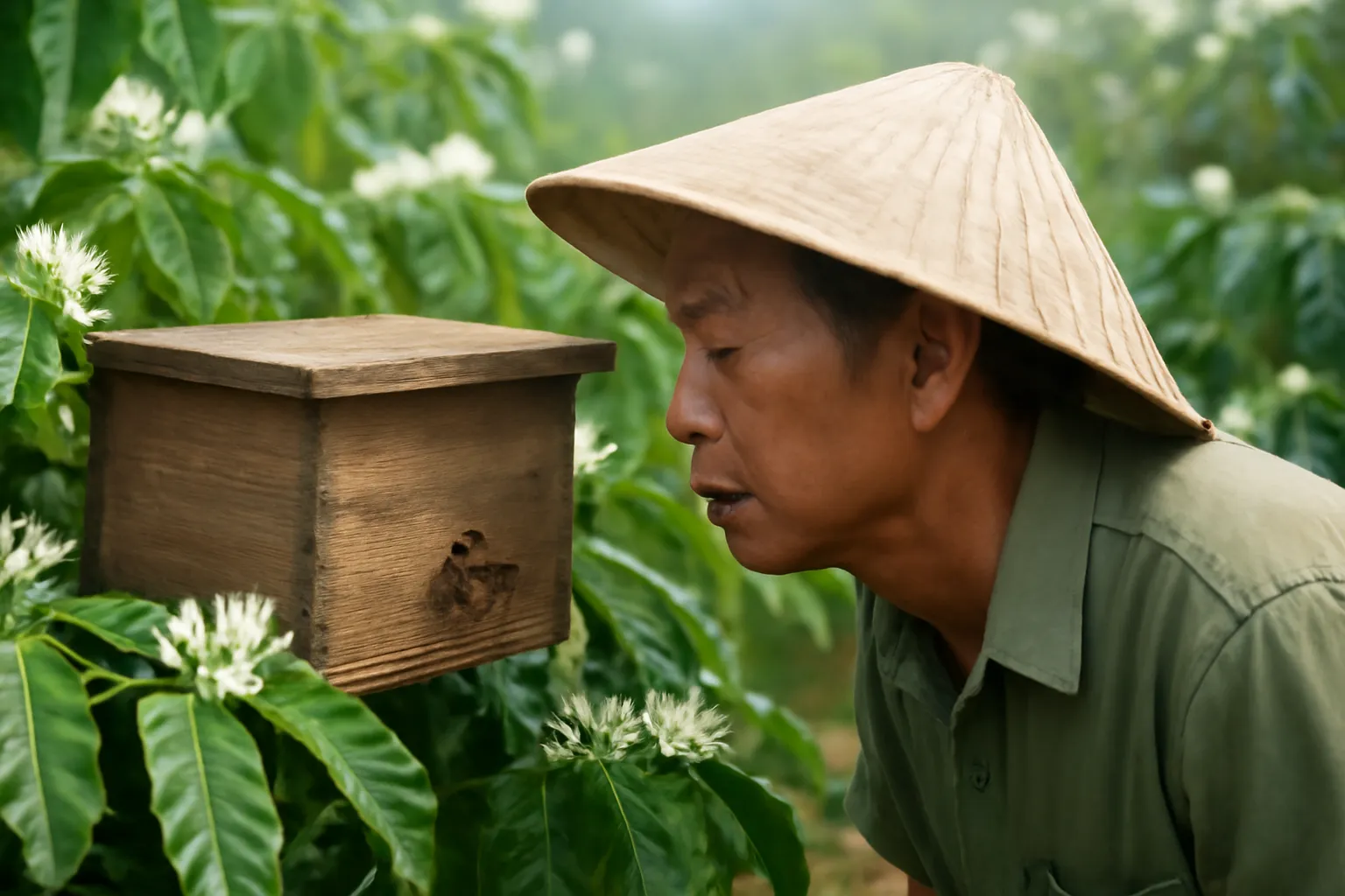 Người đàn ông đội nón lá ghé tai nghe thùng ong dú giữa hàng cà phê ra nụ