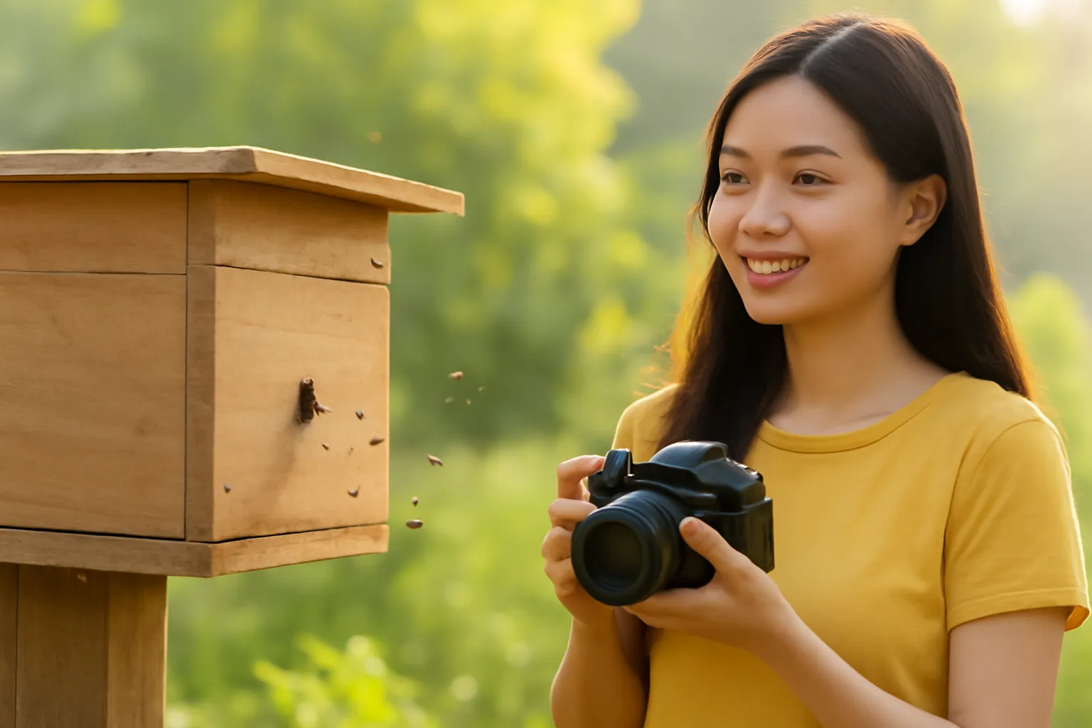 Cô gái cầm máy ảnh đứng nghiêng bên thùng ong dú, không đứng trước cửa tổ
