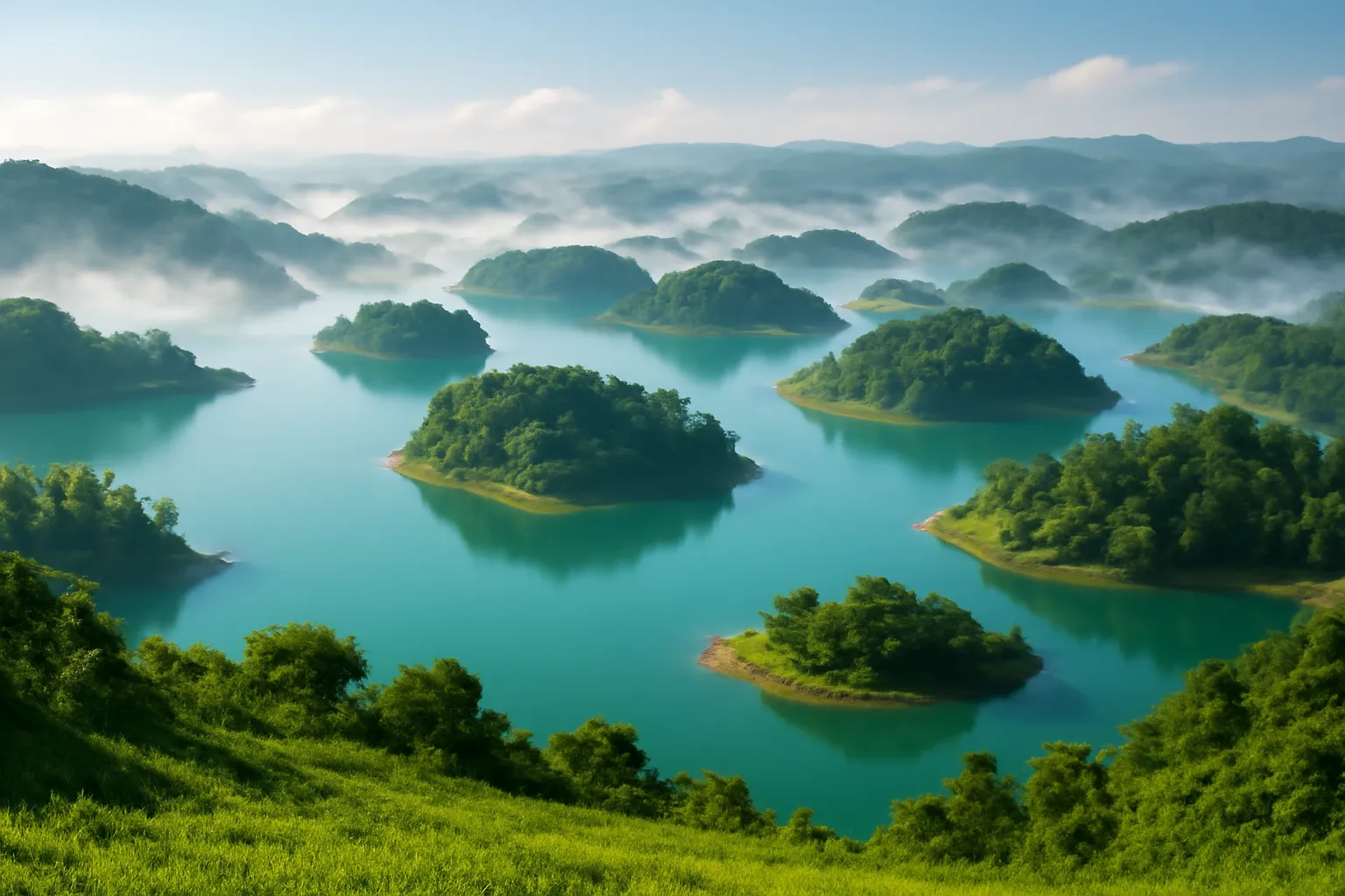 Hồ Tà Đùng xanh ngọc với các đảo nhỏ phủ rừng, sương tan buổi sáng