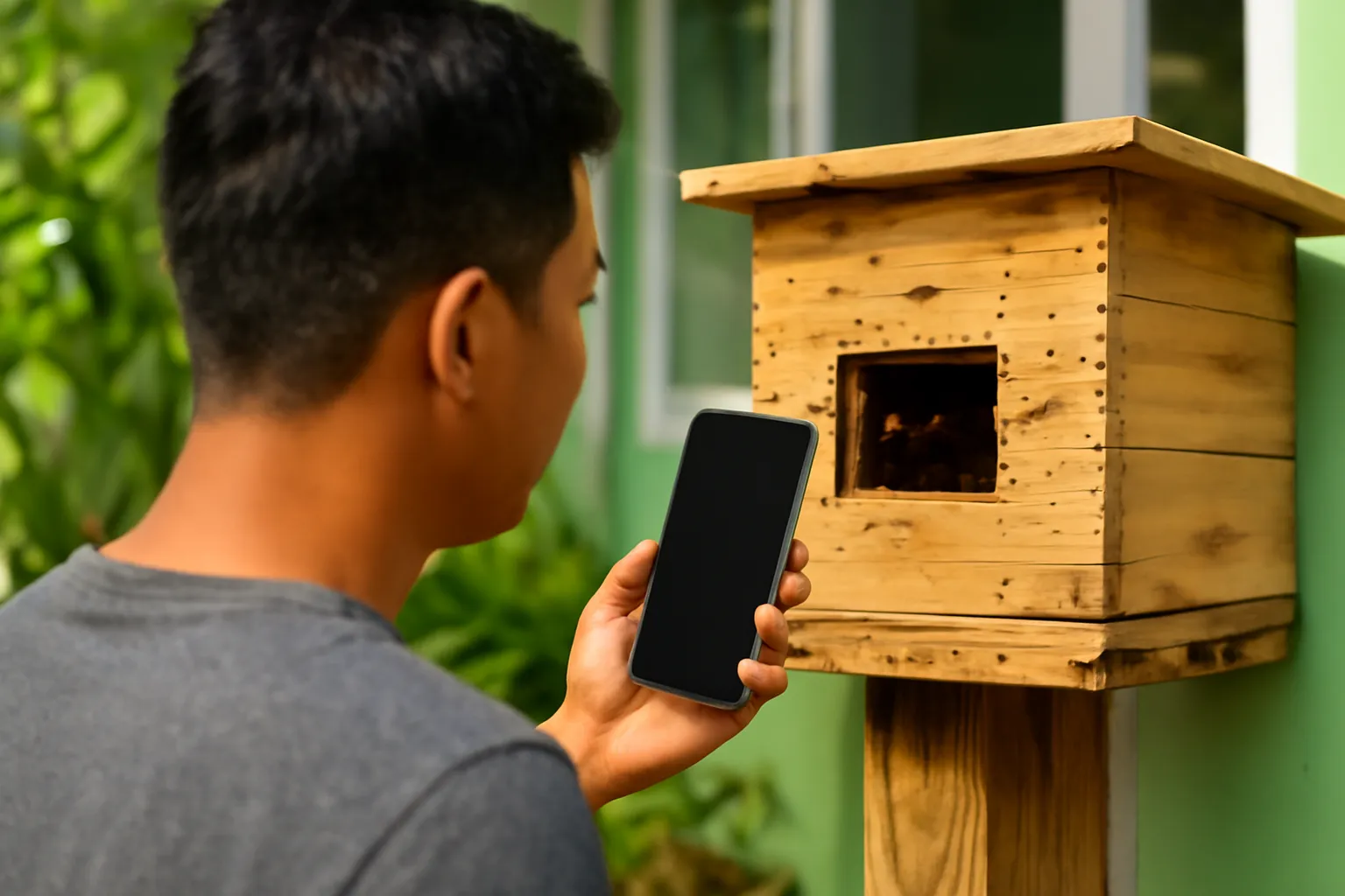 Người đàn ông cầm điện thoại chụp cửa thùng gỗ ong dú ở hiên nhà buổi sáng