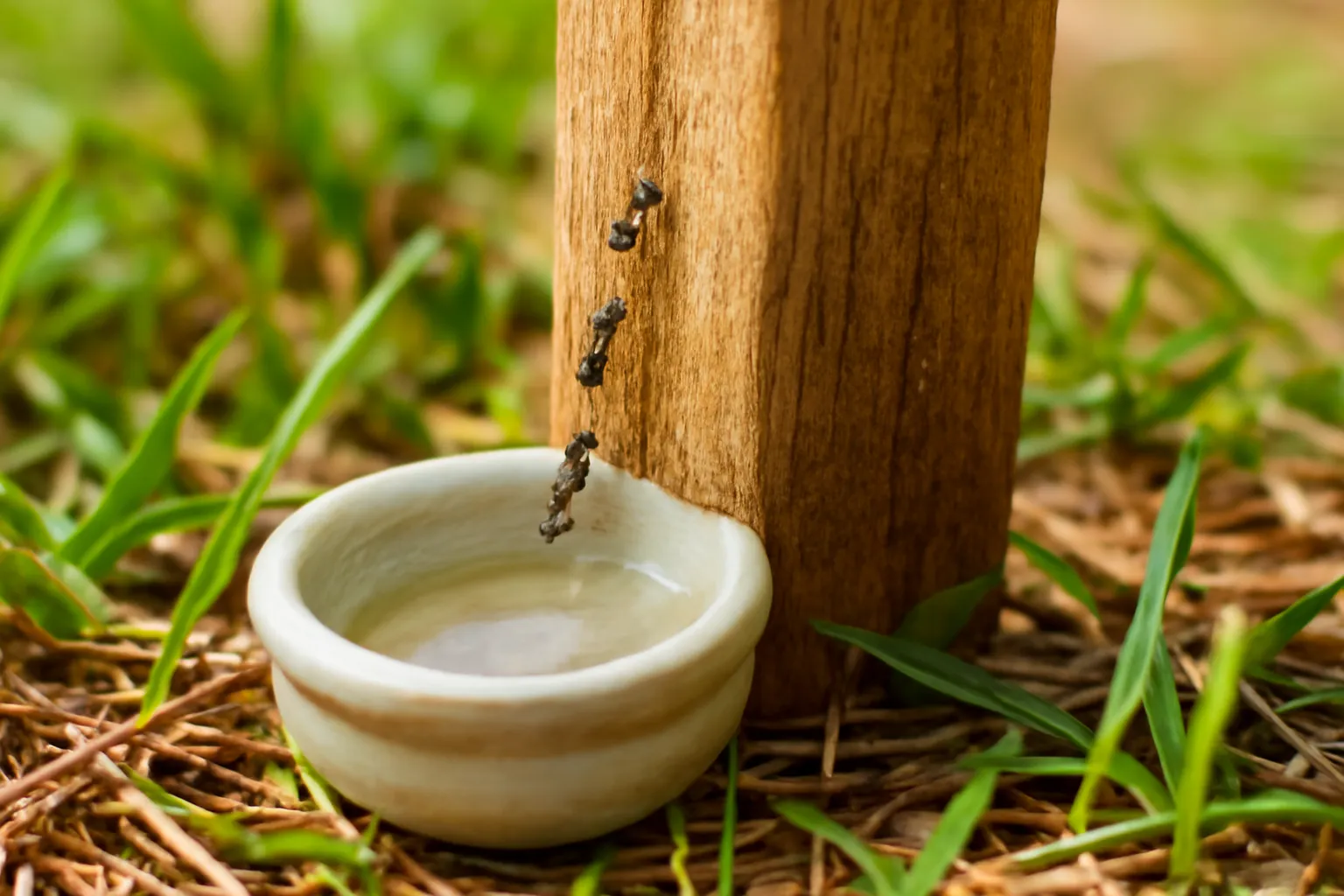 Đàn kiến đen nhỏ bò dọc chân giá gỗ dừng trước chén nước chống kiến