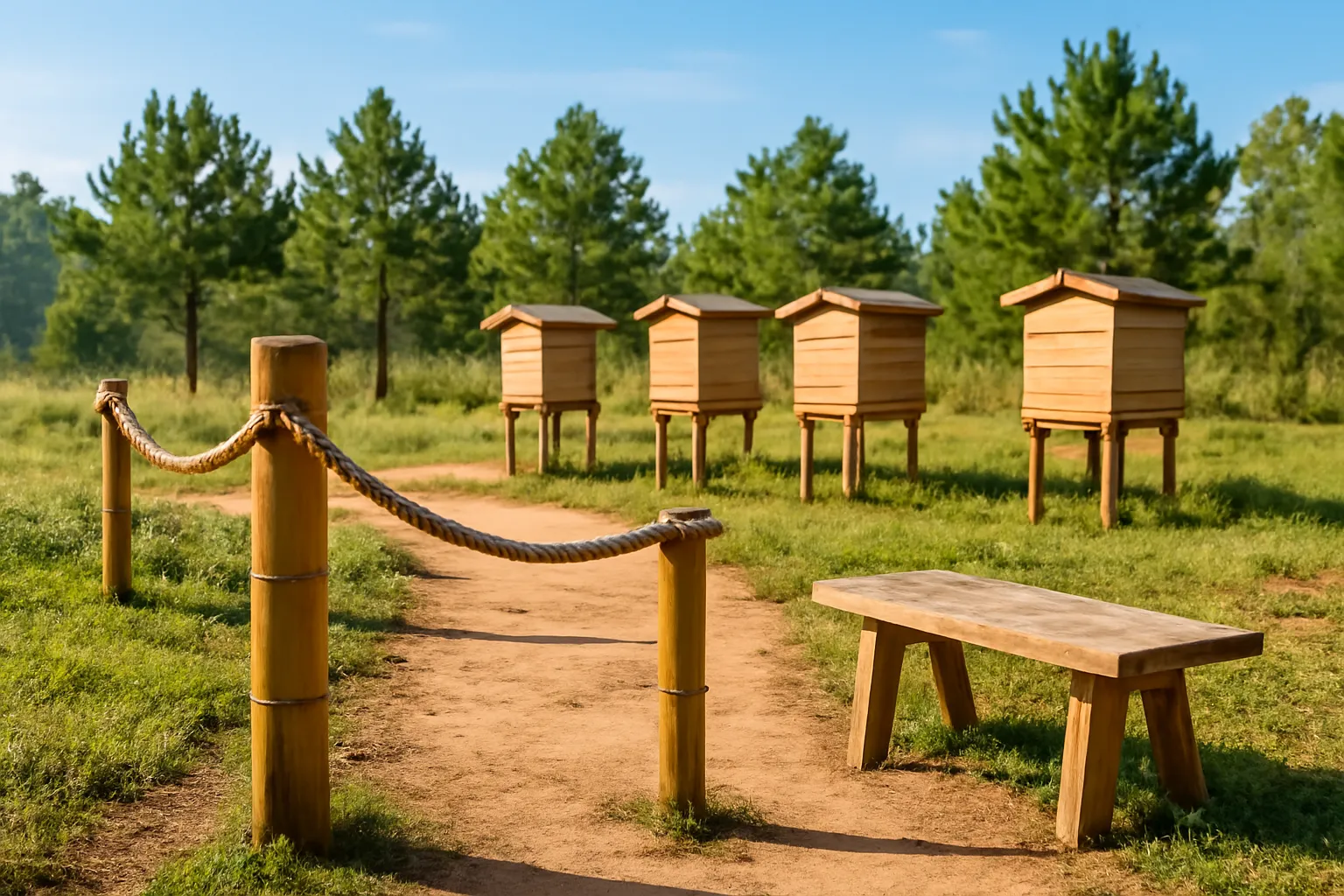 Dây thừng tre làm ranh lối đi cách dãy thùng ong gỗ, có ghế gỗ nhỏ