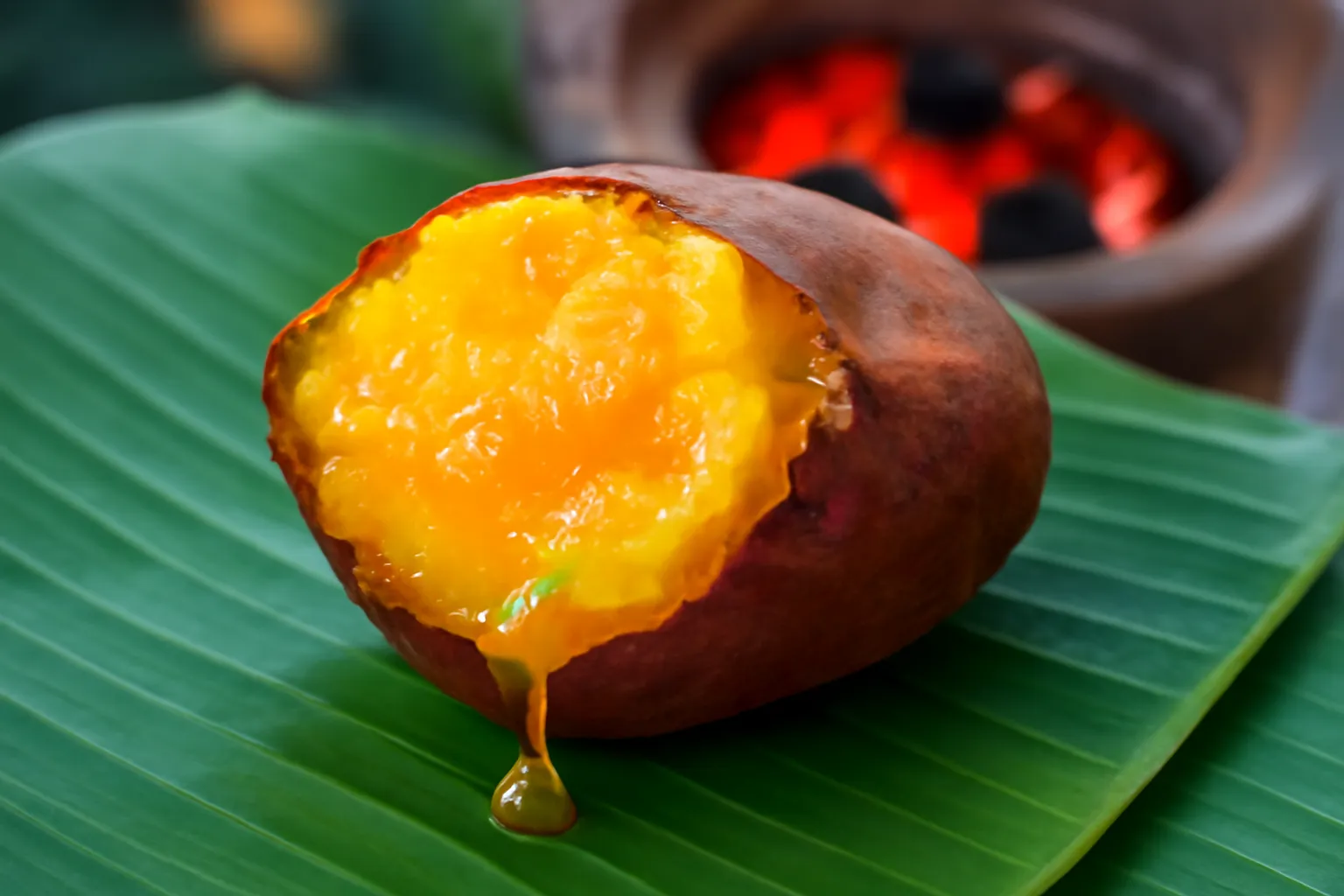 Củ khoai lang nướng bóc vỏ vàng ruột trên lá chuối, giọt mật ong dú chảy xuống