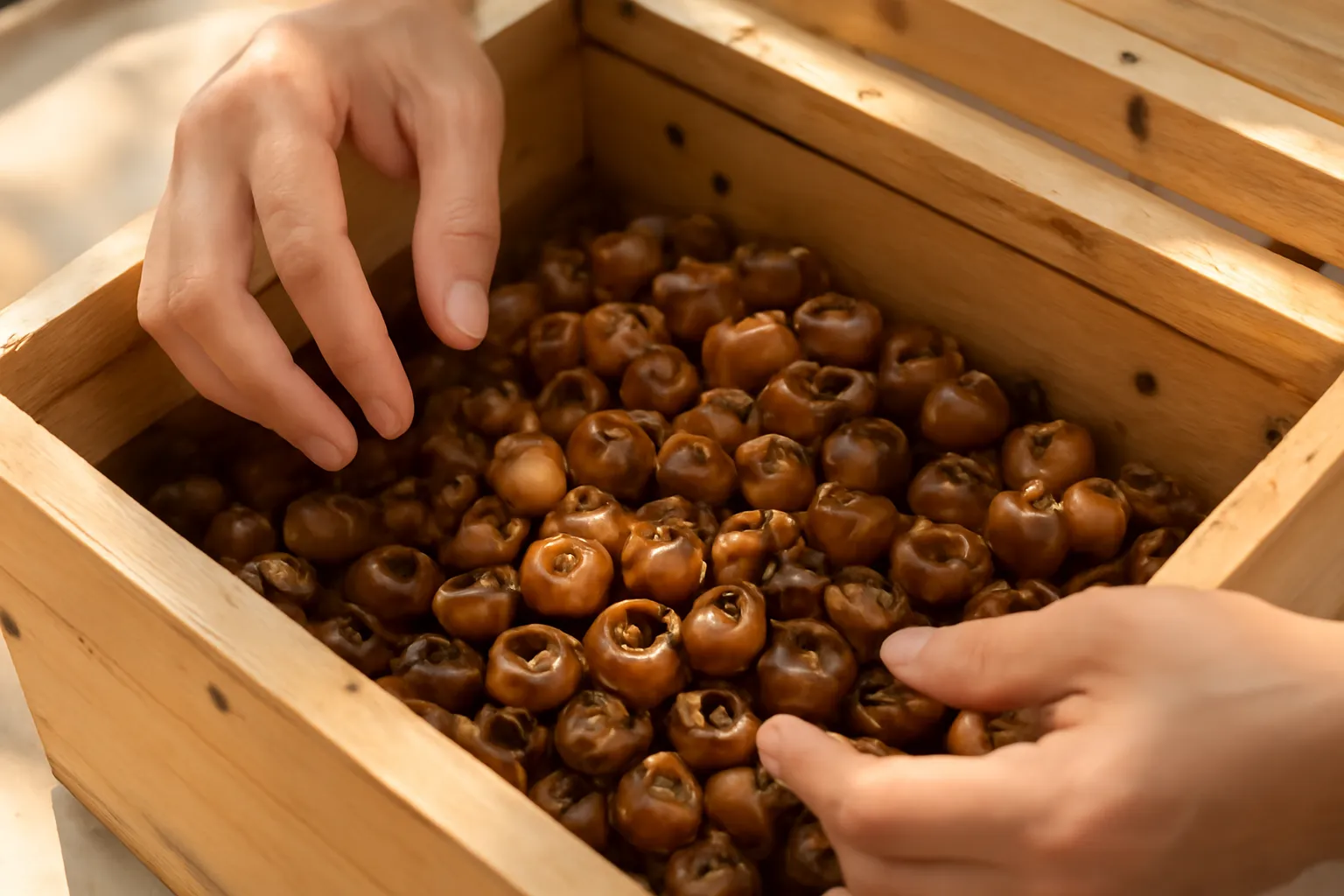 Lòng thùng gỗ ong dú với nhiều bình sáp tròn còn nguyên, đôi tay dừng lại
