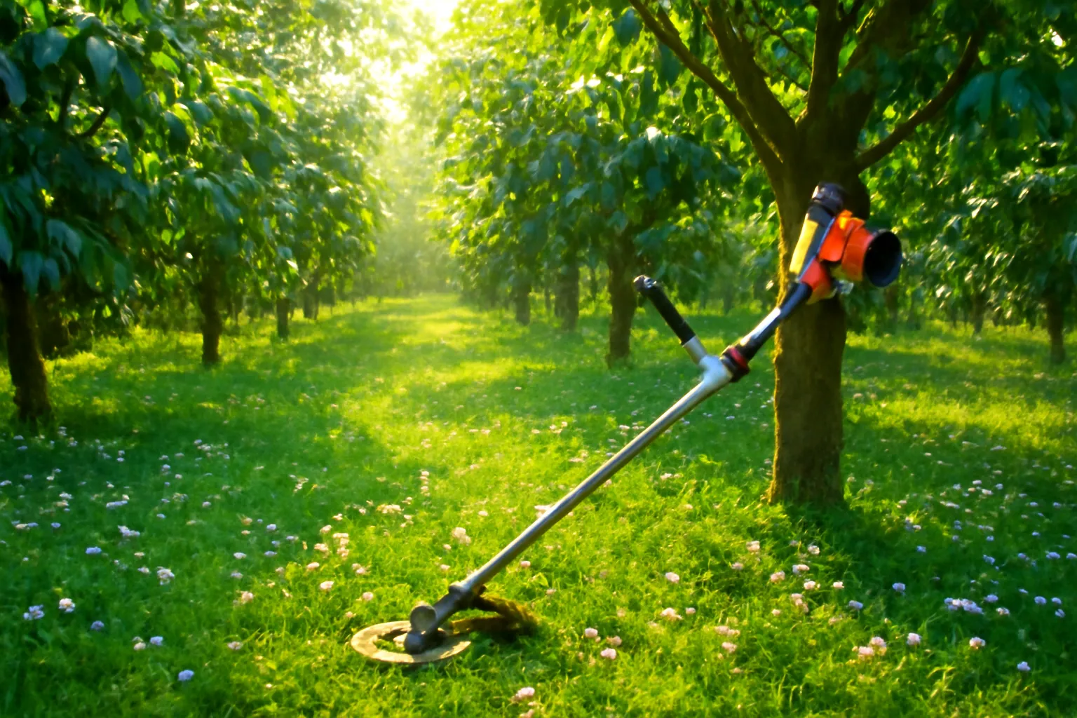 Thảm cỏ thấp lốm đốm hoa dại trắng tím giữa hai hàng cà phê