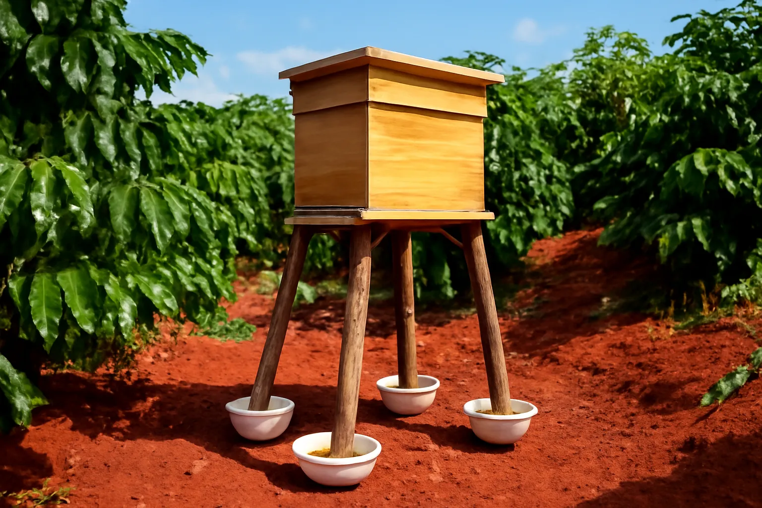 Giá gỗ chân cao thấp trên sườn dốc đất đỏ, bốn chân đặt trong chén nước