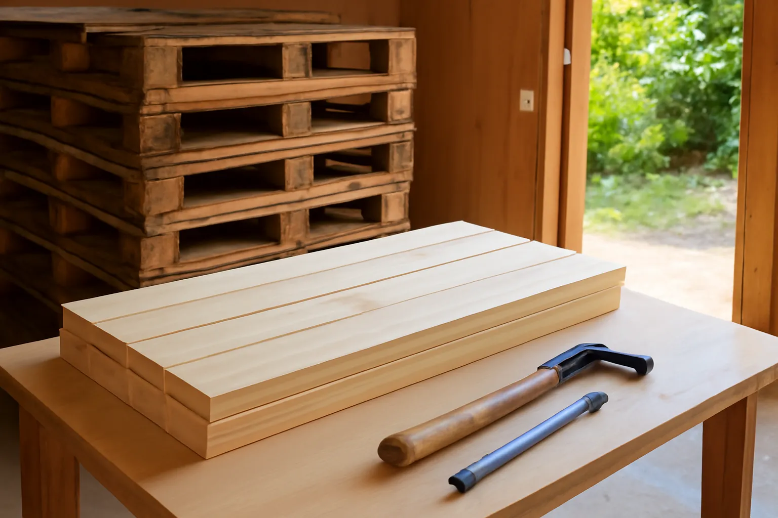 Đống pallet gỗ cũ trong xưởng nhỏ, vài tấm ván đã bào sáng màu trên bàn
