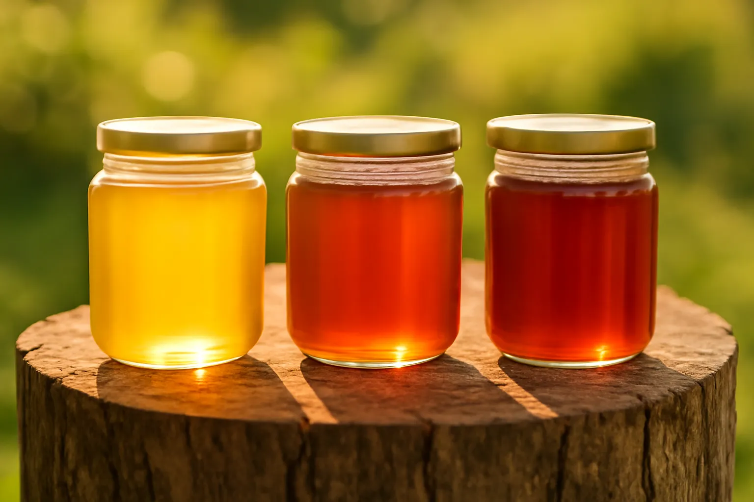 Ba hũ mật ong dú không nhãn với ba sắc vàng nhạt, hổ phách và nâu đỏ trên gốc cây