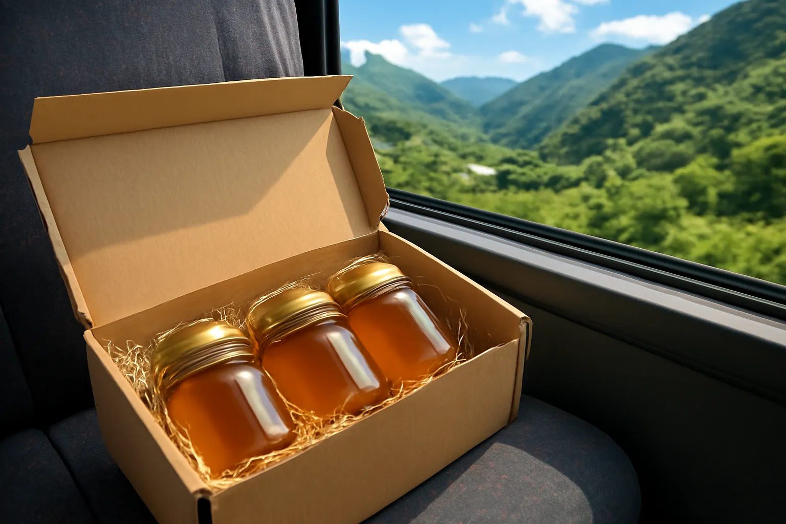 Thùng carton mở có ba hũ mật thủy tinh lót rơm trên ghế xe khách