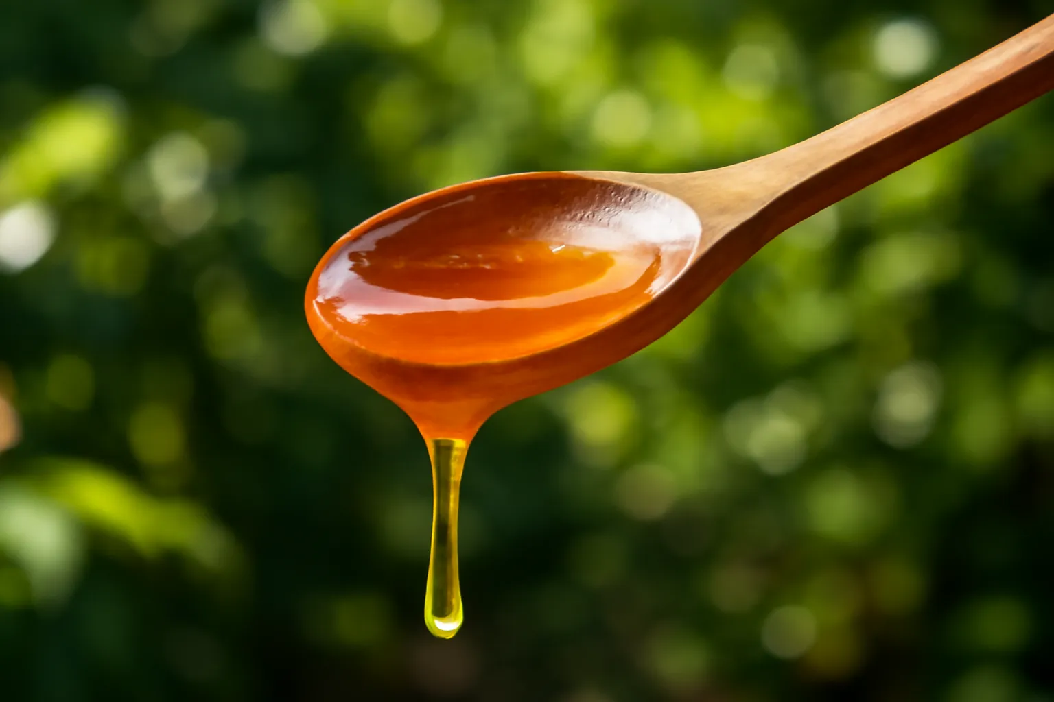 Thìa gỗ nhỏ múc mật ong dú óng ánh giơ trước nắng, nền vườn cà phê xanh