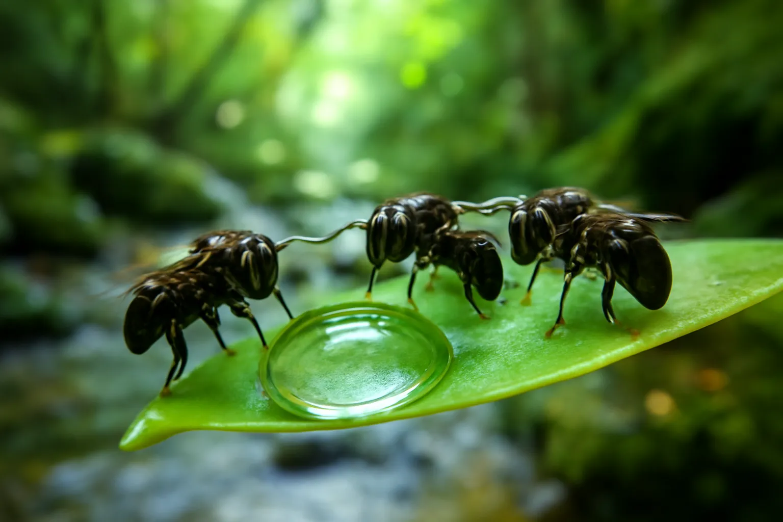 Ong dú nhỏ đậu bên giọt nước trên lá xanh cạnh suối rừng cao nguyên