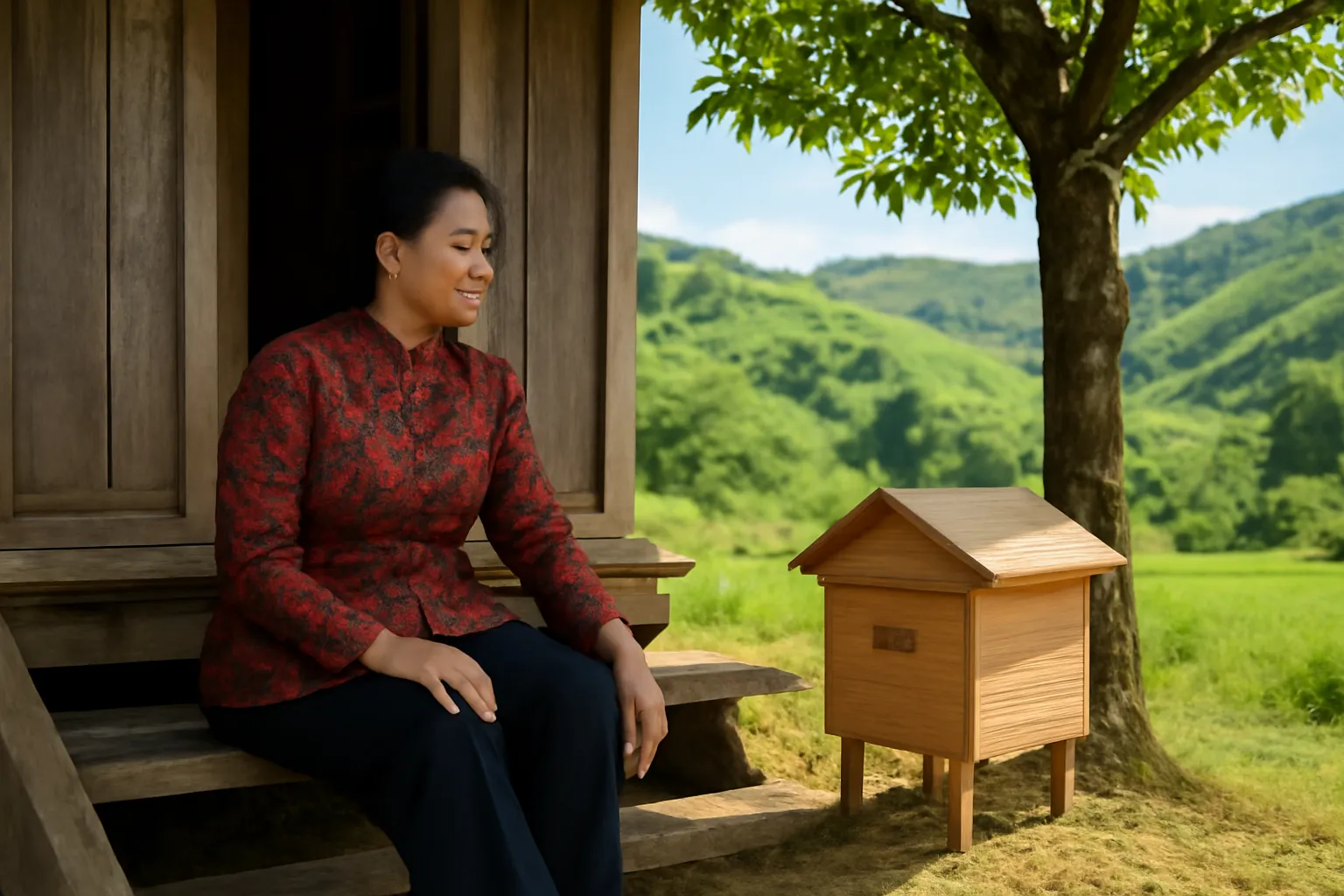 Phụ nữ áo thổ cẩm ngồi bậc chòi rẫy nhìn thùng ong dưới gốc cây