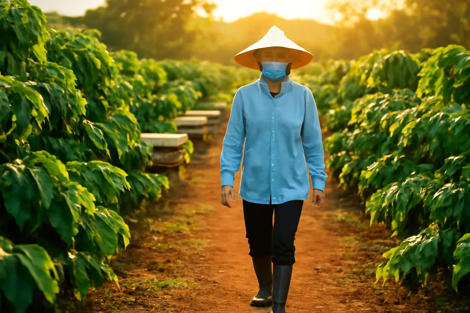 Người phụ nữ mặc đồ bảo hộ đi giữa hàng cà phê, thùng ong phủ vải ướt phía xa
