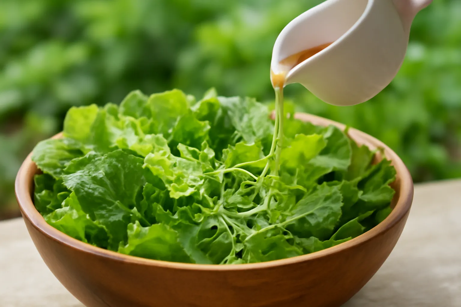 Bát gỗ rau xanh non được rót sốt mật ong dú vàng nhạt trong vườn rau