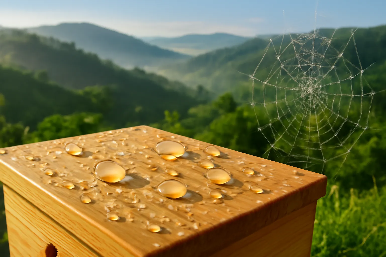 Giọt sương lớn đọng trên nắp thùng gỗ thông nuôi ong dú lúc bình minh vùng đồi