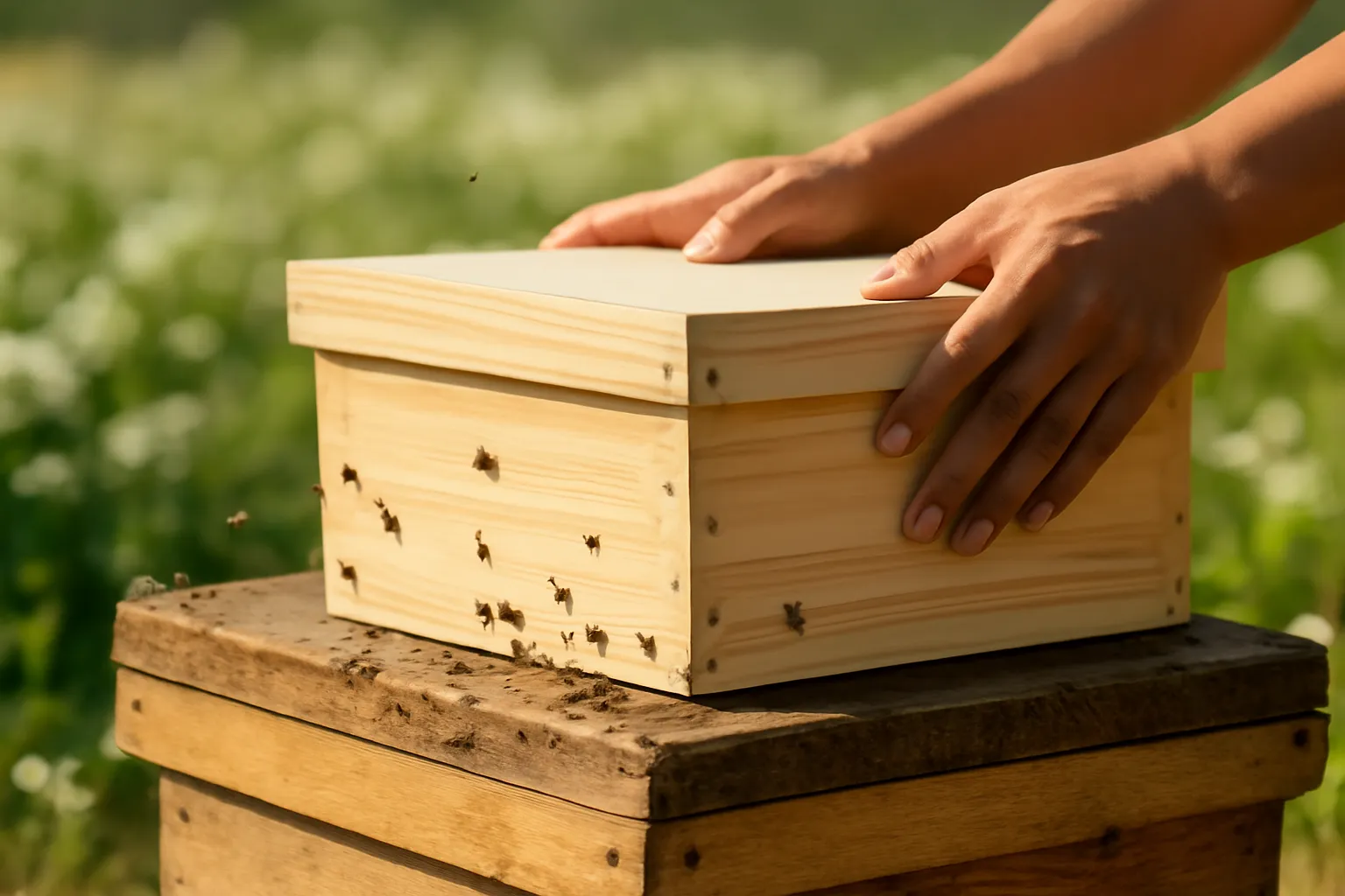 Hai bàn tay đặt tầng thùng ong mới lên tầng cũ, đồi cà phê trổ hoa trắng phía sau