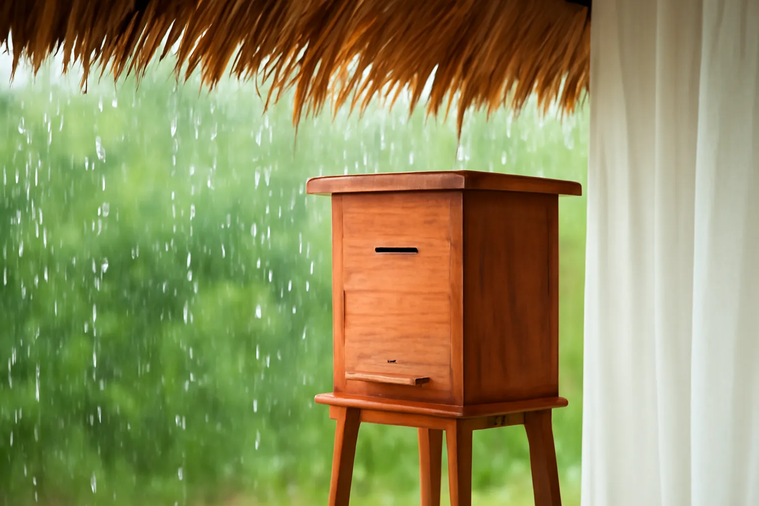 Thùng gỗ ong dú dưới mái hiên lá cọ, màn mưa trắng xoá bên ngoài