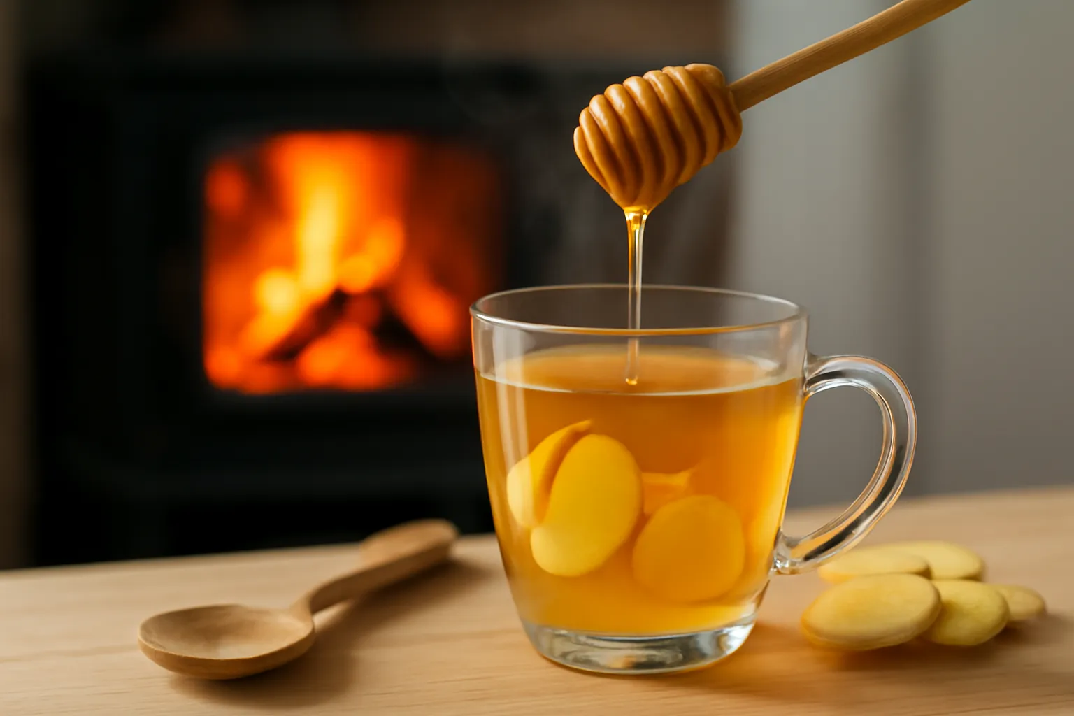 Ly trà gừng thủy tinh bốc khói bên bếp củi, thìa mật ong dú đang rót