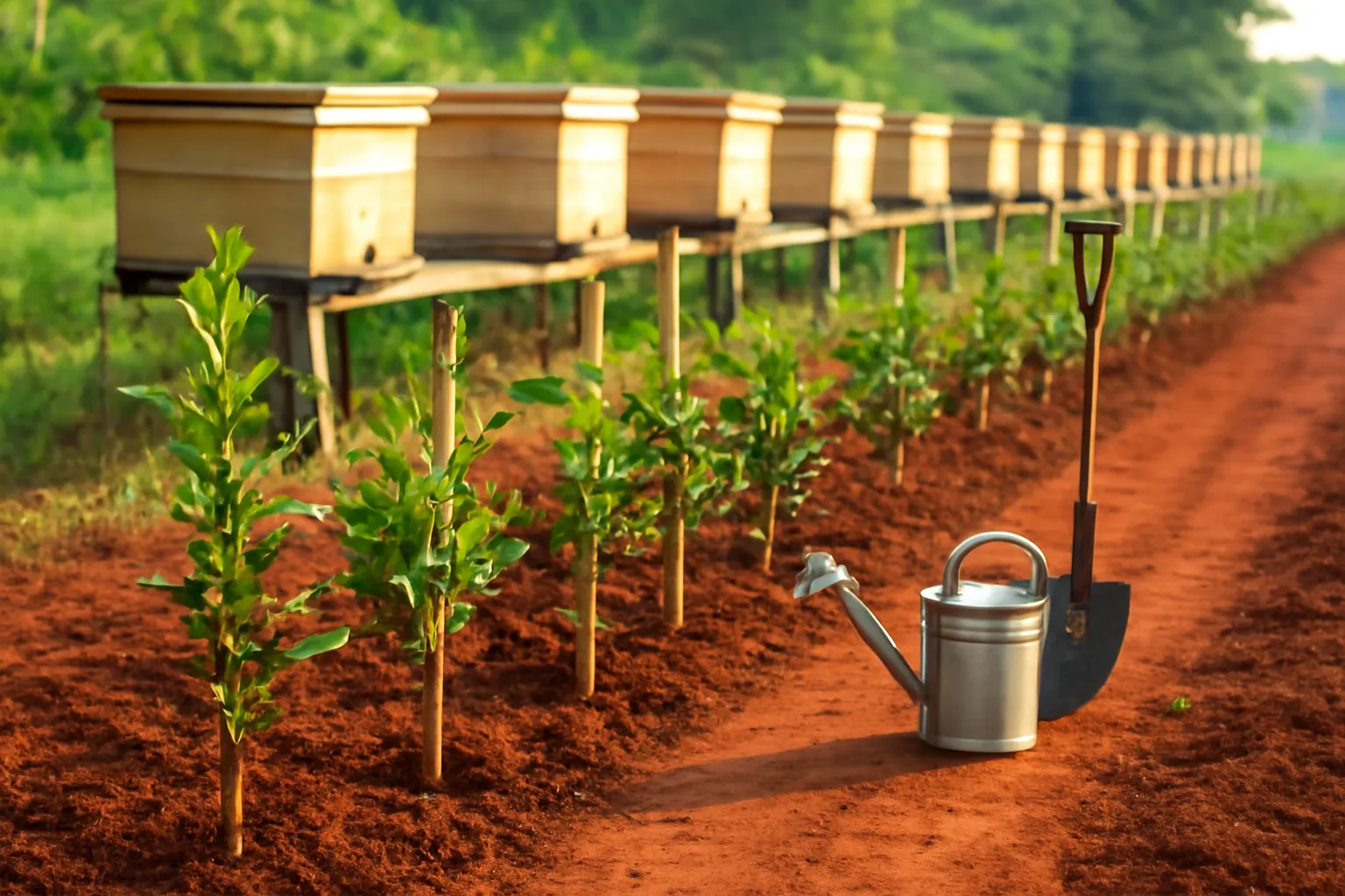 Hàng cây non có cọc tre dọc lối đất đỏ trước dãy thùng ong dú gỗ