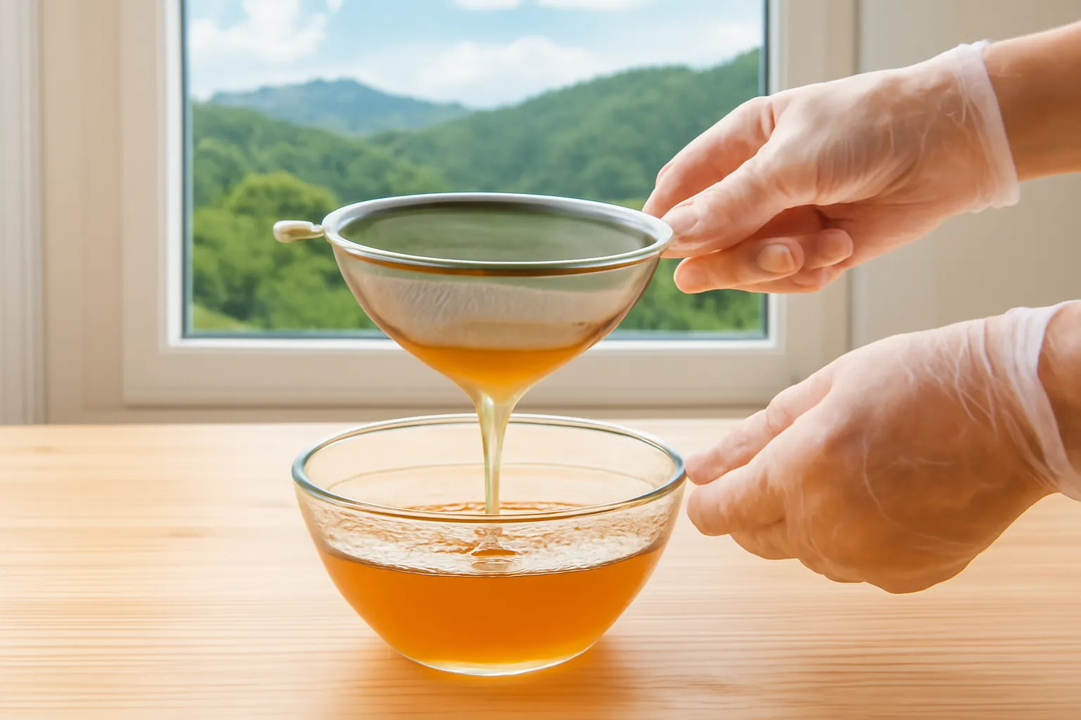 Đôi tay đeo găng lọc mật ong dú qua rây inox xuống thau thủy tinh trên bàn gỗ