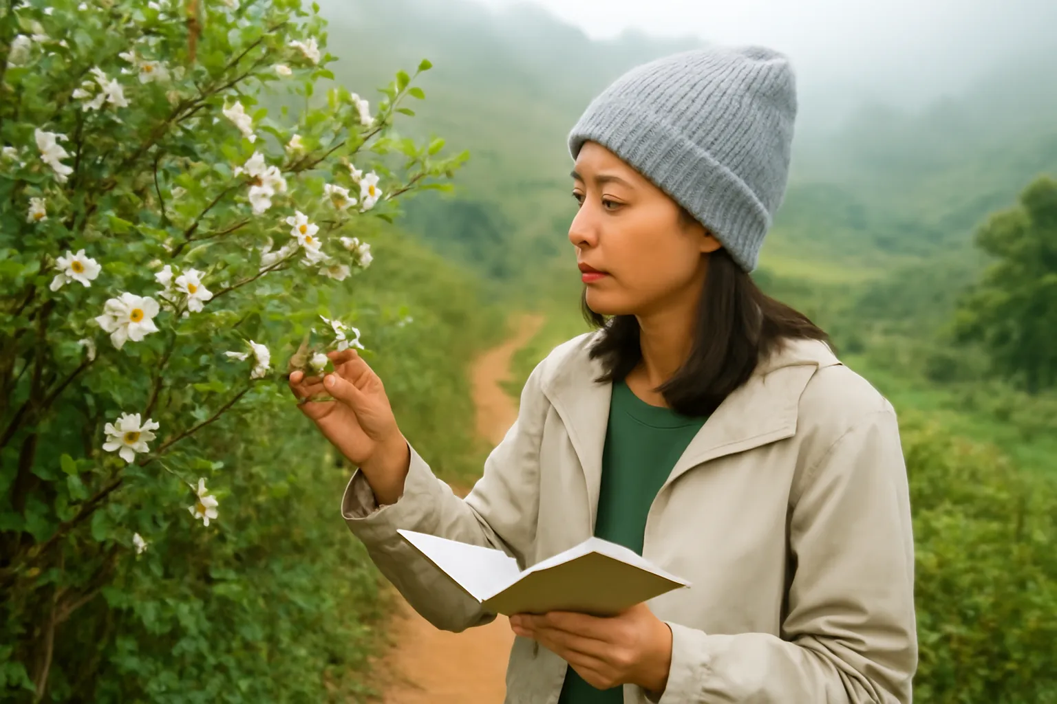 Người phụ nữ đội mũ len cầm sổ tay đứng ngắm cây hoa ven lối mòn đồi