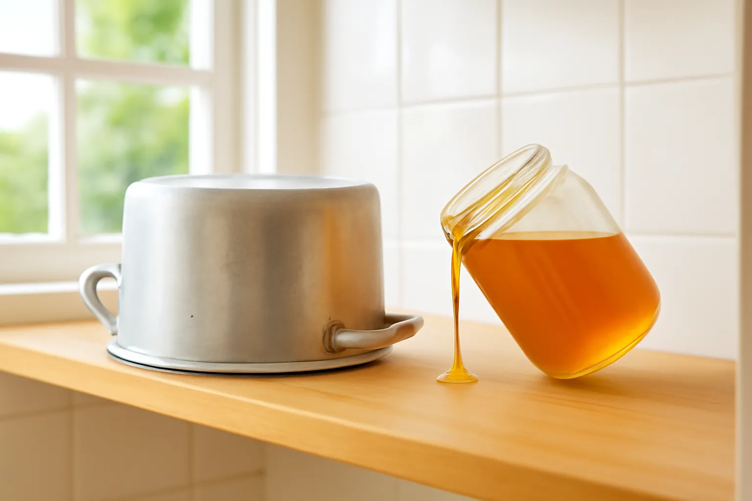 Nồi nhôm úp trên kệ gỗ cạnh hũ mật ong dú lỏng nghiêng nhẹ trong bếp nhà vườn