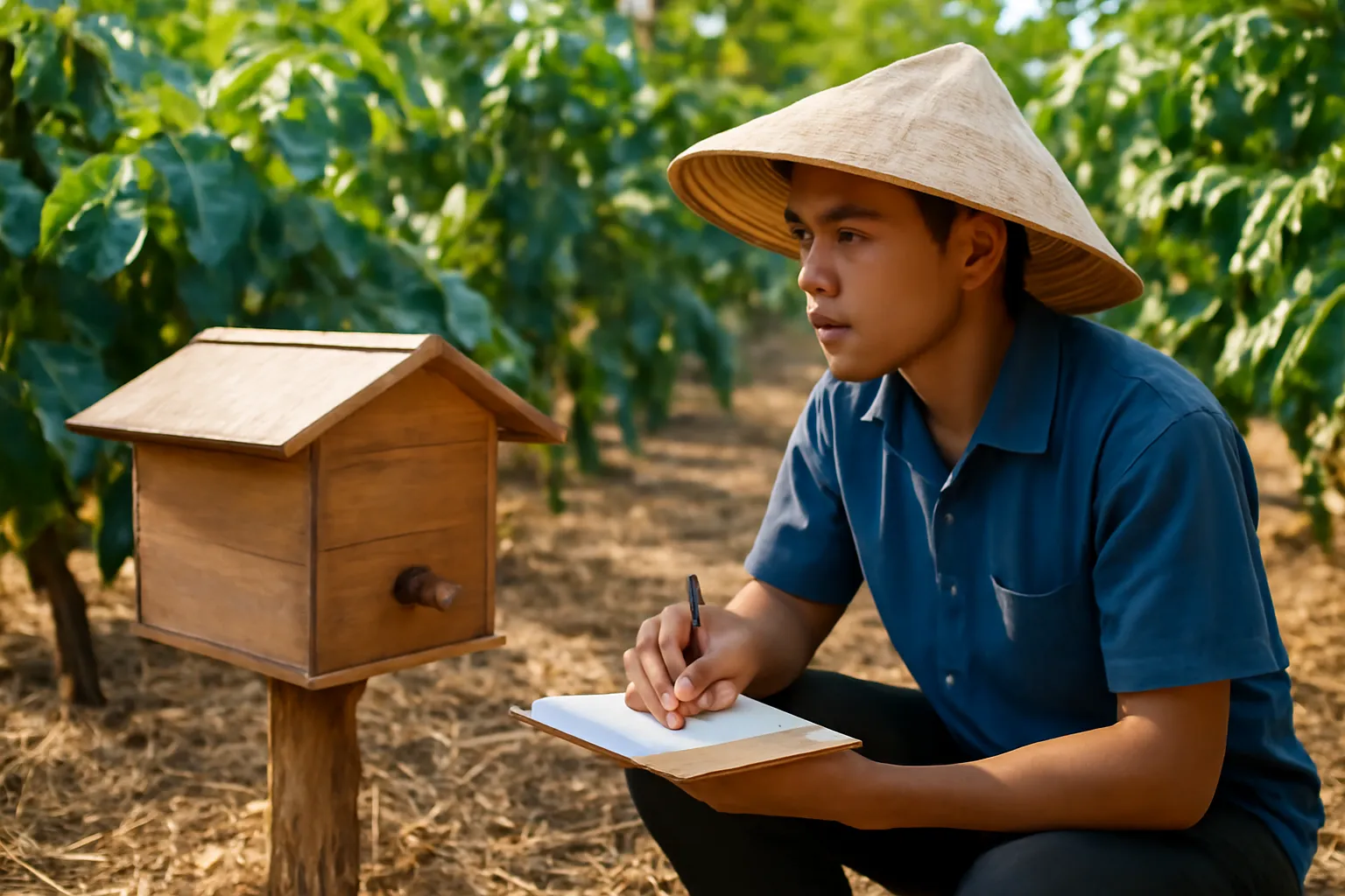 Nông dân trẻ ngồi xổm nhìn cửa thùng ong dú giữa vườn cà phê phủ rơm gốc